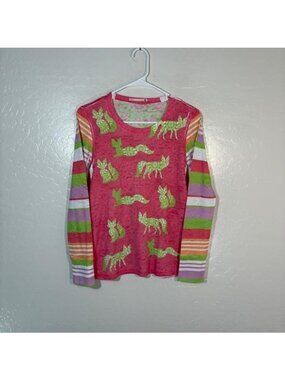Before + Again Shirt Womens XS Pink Green Fox Print Long Sleeve Striped Made USA